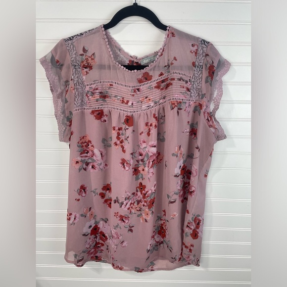 Daniel Rainn Tops - Daniel Rainn Pink Floral Chiffon Lace Cap Sleeve Sheer Blouse XXL Women’s GUC